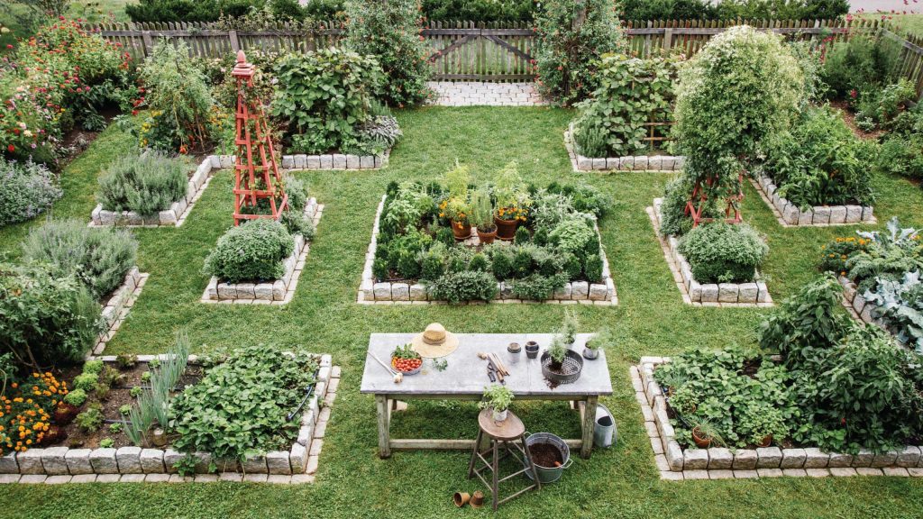 High-angle view of lush herb garden with stone beds vibrant vegetables rustic wooden table Wallpaper