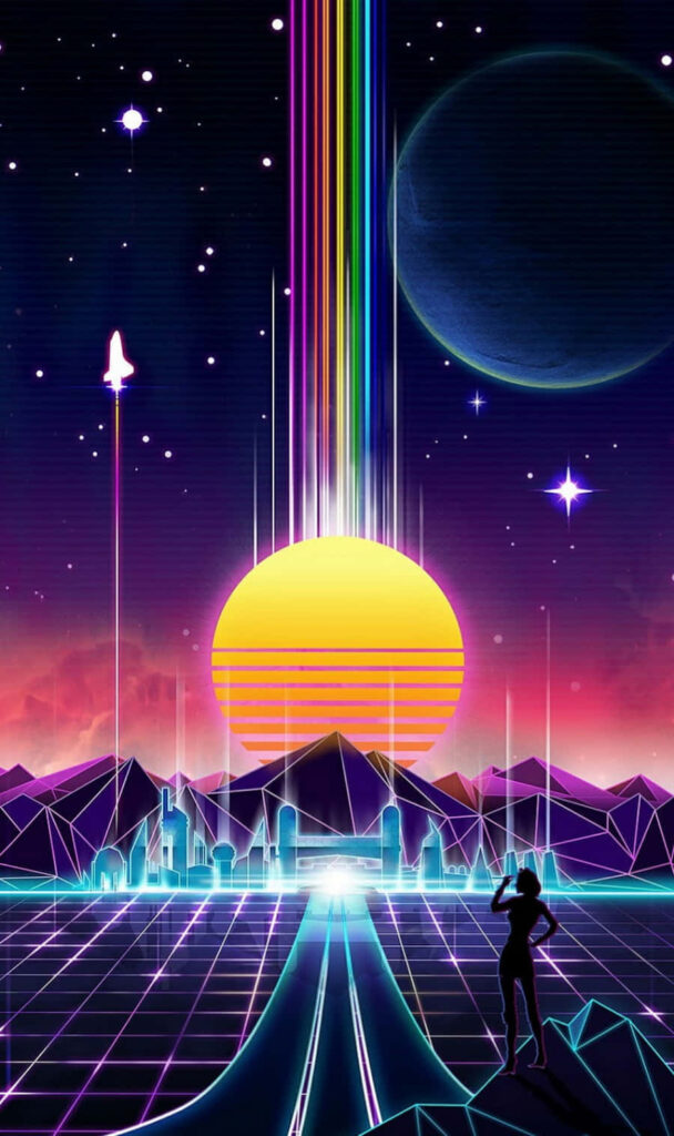 Radiant Urban Nostalgia: A 80s Vaporwave Tapestry Illuminated by a Luminous Yellow Sun Wallpaper