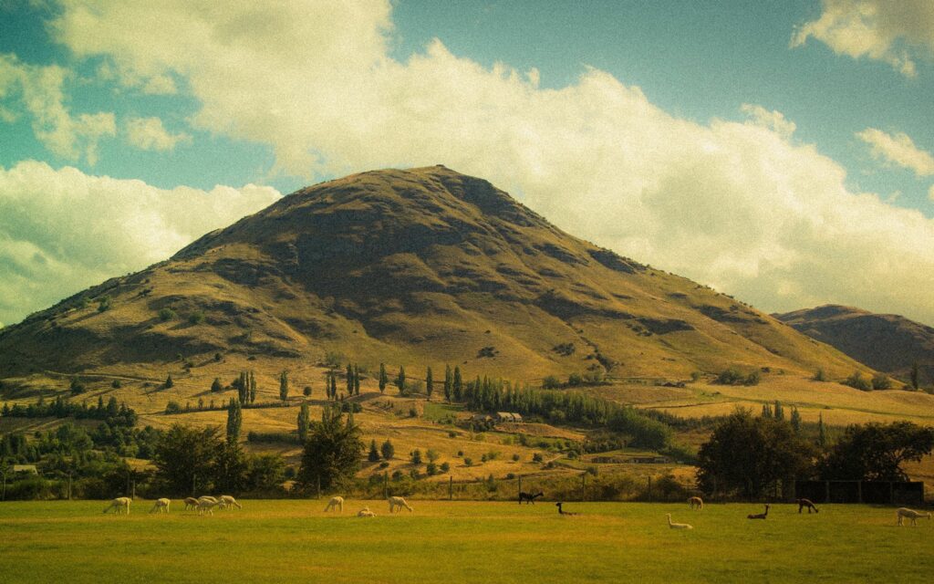 Vintage style sunlit mountain landscape with green grass and grazing animals under clouds Wallpaper