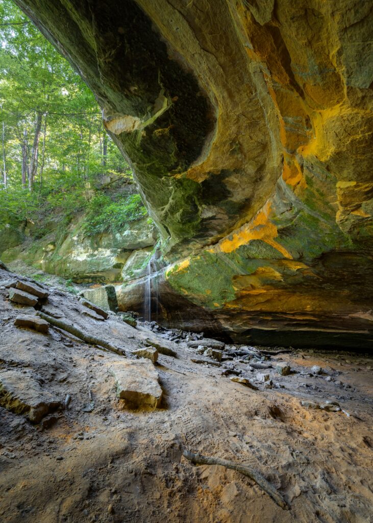 Natural cave arch with textured rocks in lush forest sunlight highlighting earthy tones wallpaper
