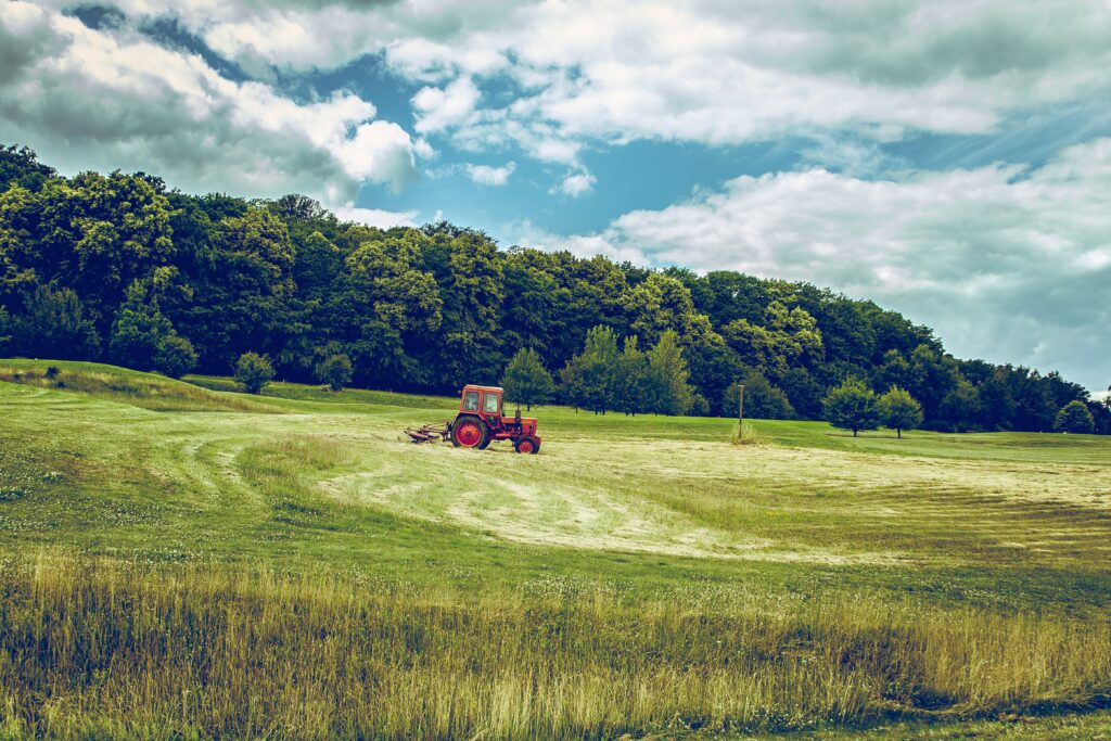 Red tractor in sunlit green and golden field with trees and blue sky rural countryside wallpaper