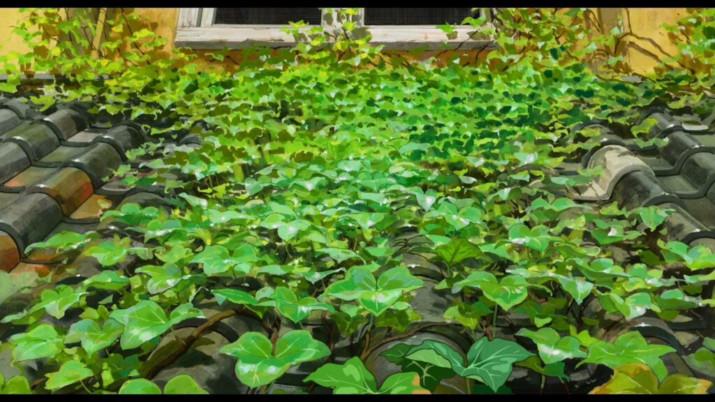 Lush green plants climbing sunlit rooftop under window vibrant Arrietty inspired wallpaper background