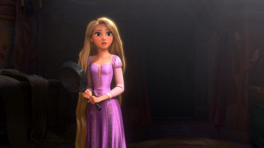 Frying Pan Warrior: Rapunzel's Majestic Yellow Dress Under the Sunlit Sky Wallpaper