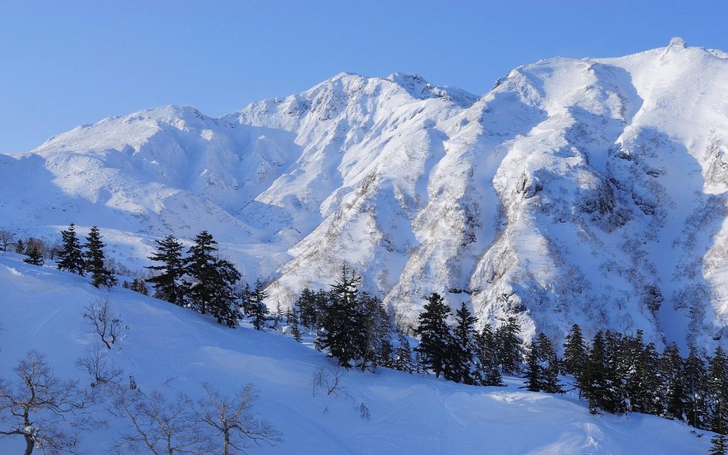 Majestic snow-capped mountain with sunlit slopes and evergreen trees under clear blue sky winter scene Wallpaper