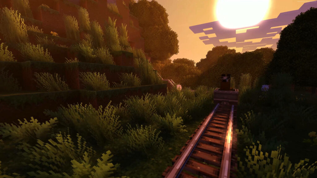 Immersive Minecraft World: A Breathtaking 4K Scene of a Train Journey Amidst Lush Plants and a Radiant Sun Wallpaper
