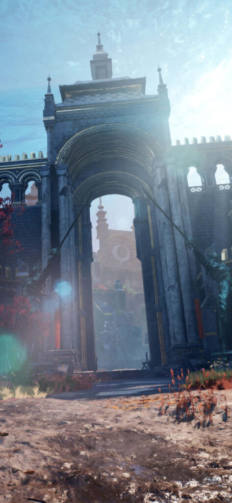 Radiant Portrait Amidst Godfall's Forgotten Gate Wallpaper