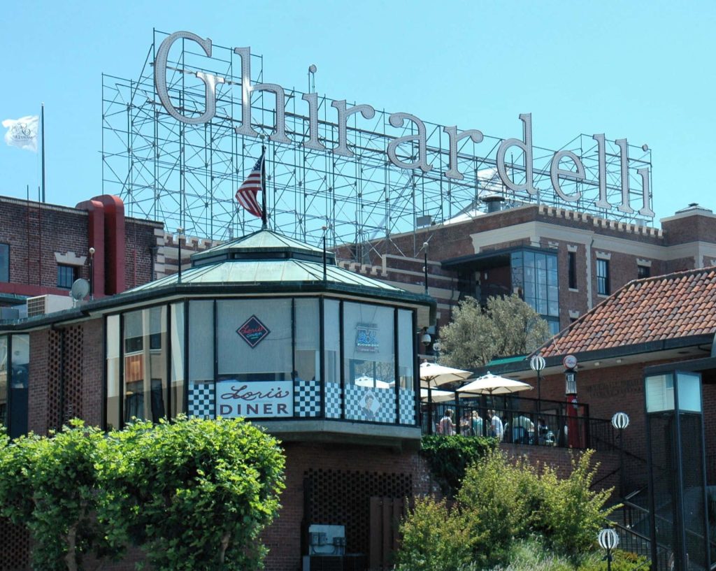 Sunny Ghirardelli Square wallpaper with iconic sign historic brick buildings and glass Lori’s Diner