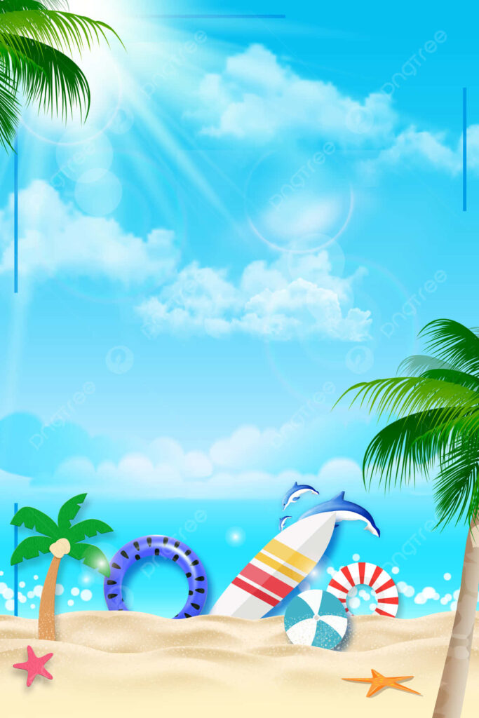 Sunny Beach Scene Wallpaper: Palm Trees, Dolphins & Colorful Toys