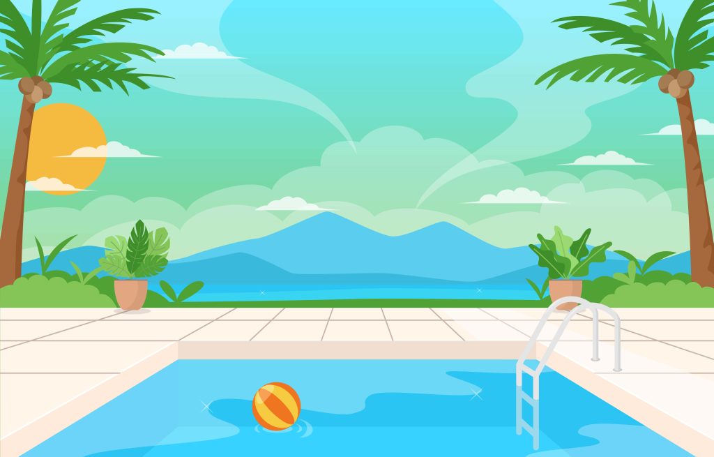 Sunny swimming pool with palm trees tropical plants and mountains creating summer paradise Wallpaper