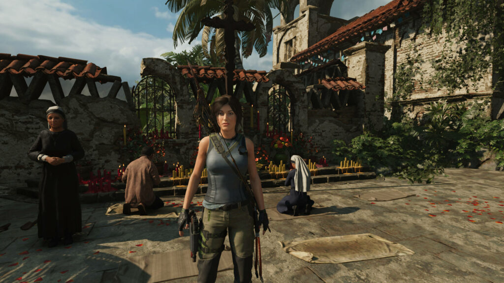 Exploring the Serene Village: Lara Croft Embracing the Awe-inspiring Streets in Shadow of the Tomb Raider Wallpaper