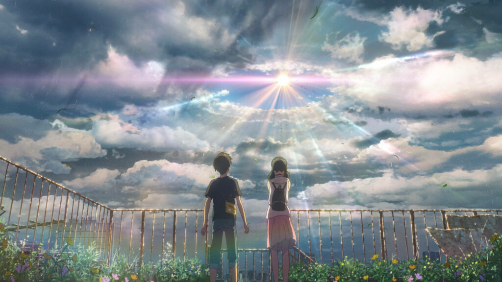 Vivid Skies: A Majestic Rooftop Encounter Wallpaper
