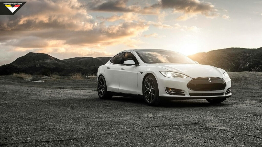 Sunrise Drive: Stunning White Tesla Model S P85 on Vorsteiner Wheels Takes on the Mountains. Wallpaper