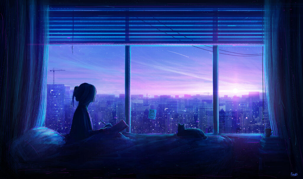 Contemplating the Sunrise: A Creative Cool Girl Embraces the Morning Sky with Artistic Inspiration Wallpaper