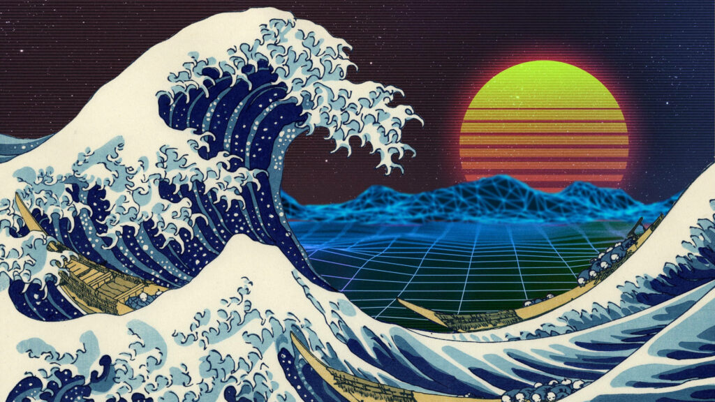 Majestic Fusion: The Great Wave Off Kanagawa Meets Sunrise on the Retro Mountain - 3840x2160 Digital Art for Monitors Wallpaper