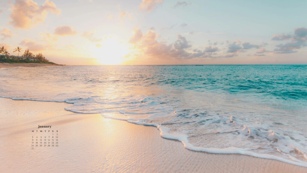 Serene Beach Sunset Wallpaper with January 2022 Calendar Background