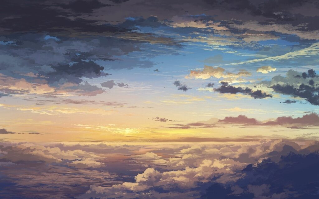 Digital painting of dramatic sunset clouds with warm golden and pastel tones in sky wallpaper