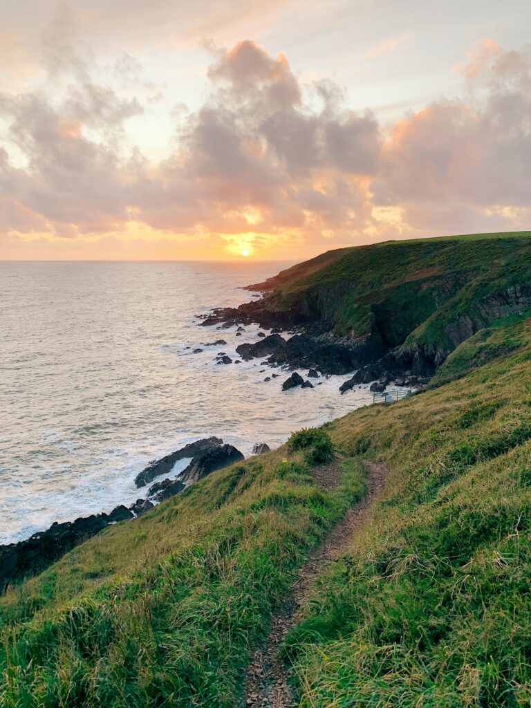 Sunset coastal landscape with winding path through green cliffs overlooking calm golden sea Wallpaper