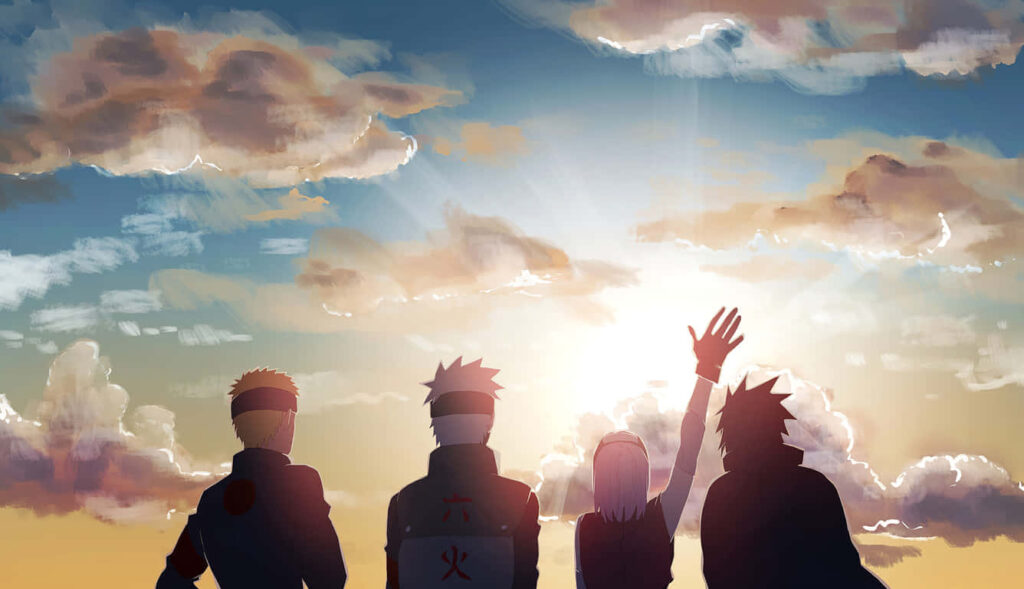 Serenity at Sundown: Naruto Team 7 Embracing Peaceful Sunset Wallpaper