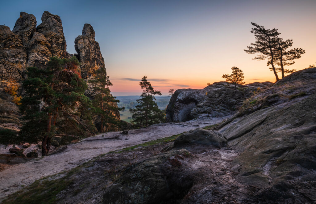 Sunset over towering rocky cliffs with resilient trees and lush greenery serene nature wallpaper