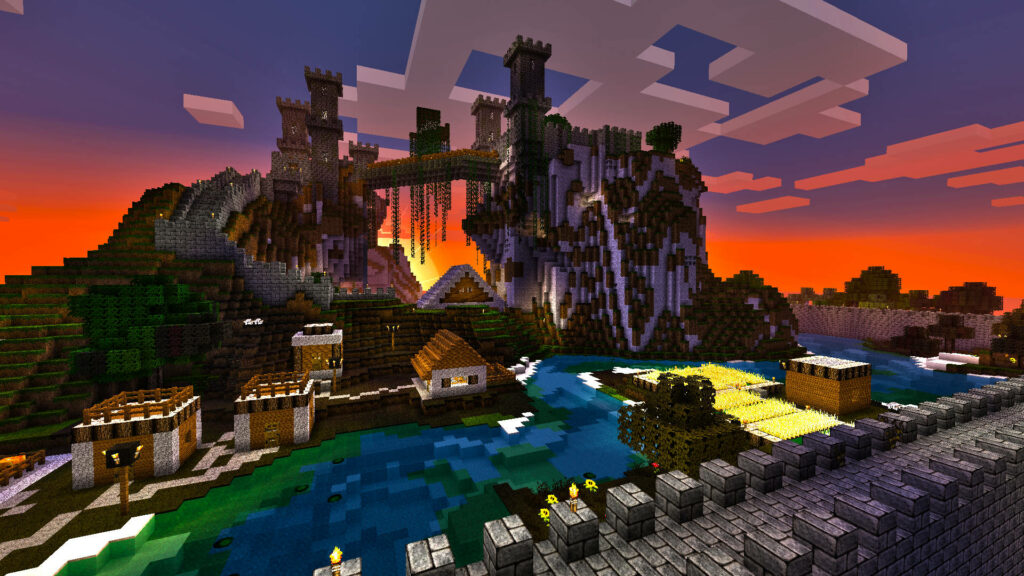 Majestic Minecraft citadel on cliff with stone towers bridges vines and village farm at sunset Wallpaper