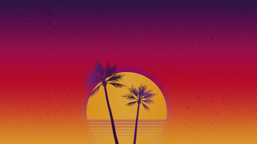Retrowave wallpaper with silhouetted palm trees bold yellow sun and purple orange gradient sky