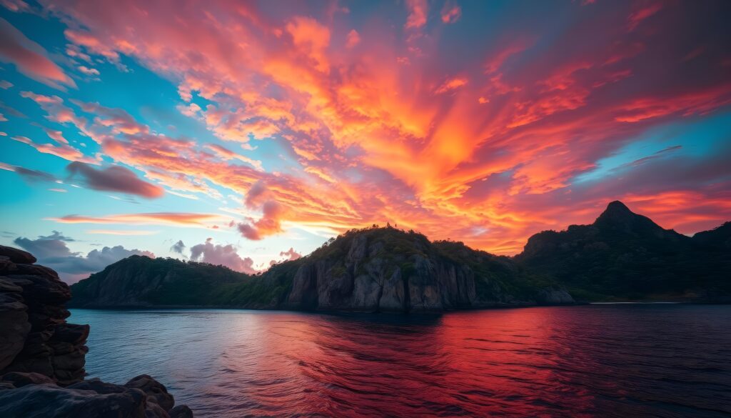 Sunset over rocky cliffs with vibrant colorful clouds reflecting on calm sea water wallpaper background