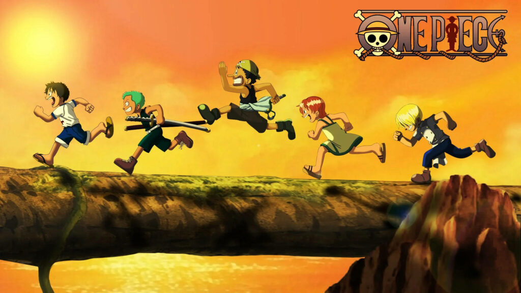 Sunset Journey: The Straw Hat Pirates Dash Across the Bridge Log in their Youth - One Piece Desktop Background Wallpaper