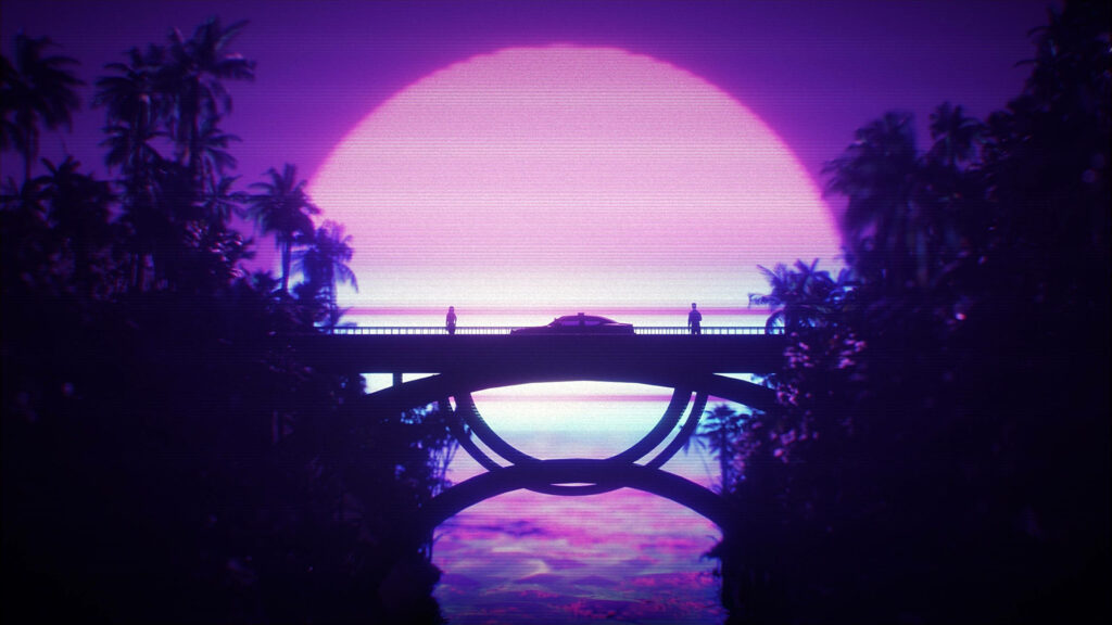 Purple Majesty: 4k Image of Gorgeous Car Crossing a Bridge at Sunset, Immersed in Mesmerizing Neon Glow Wallpaper