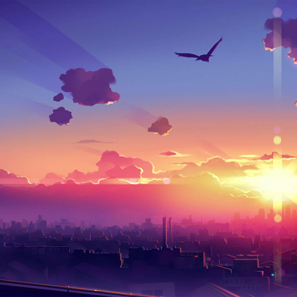 Whimsical Cityscapes: A Vibrant Sunset Painting with Majestic Bird Soaring in Anime Ipad Wallpaper
