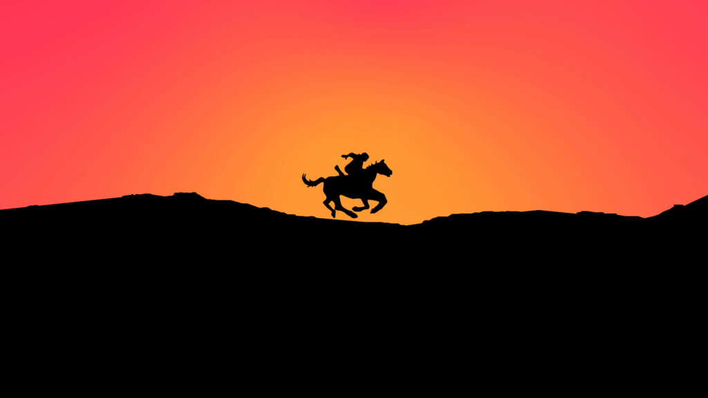 Minimalist Sunset Rider: A Horseback Journey into the Setting Sun - Laptop Wallpaper