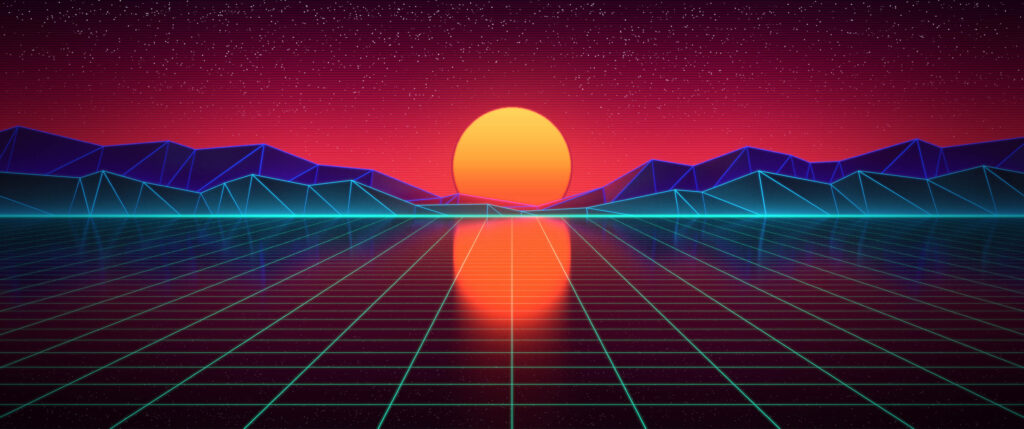 Sunset Majesty: A Hypnotic Synthwave Tapestry Unveiling a Serene Mountain Landscape Wallpaper