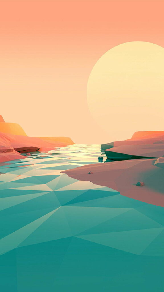 Hues of Twilight: Low Poly Reflections on the Lake - A Minimalist Digital Artwork for iPhone 6, 7, 8 - A Cool, HD Phone Wallpaper Background Photo