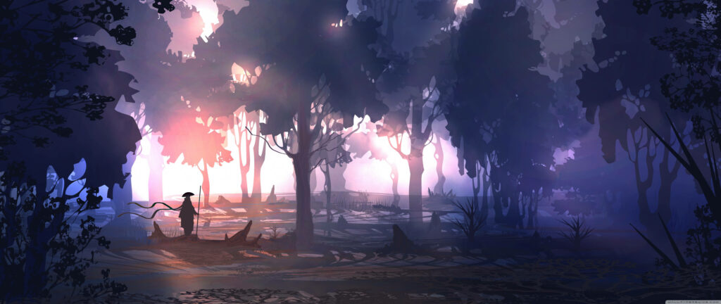 Solitude among Majestic Purple Horizons: Captivating 4k Fantasy Forest Sunset Wallpaper