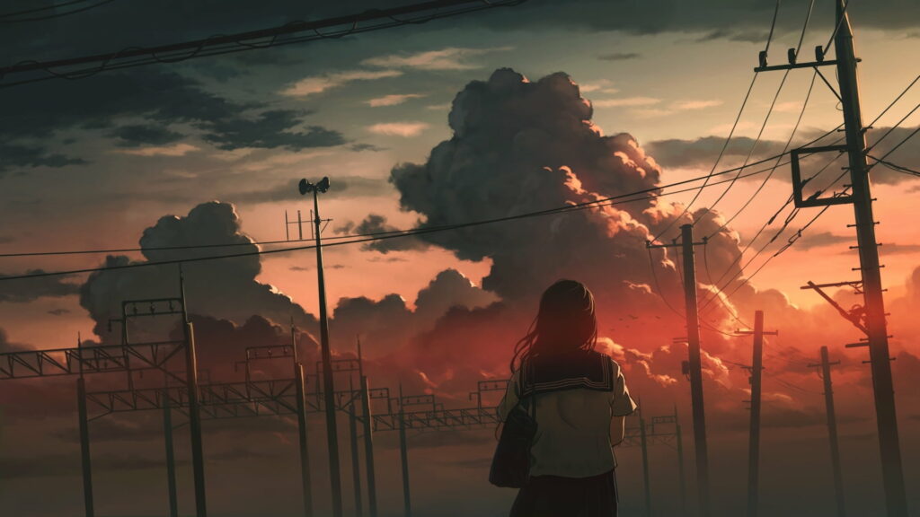 Mesmerizing Evening Sky: Melancholic Anime Schoolgirl Embracing the Sunset Scenery Wallpaper