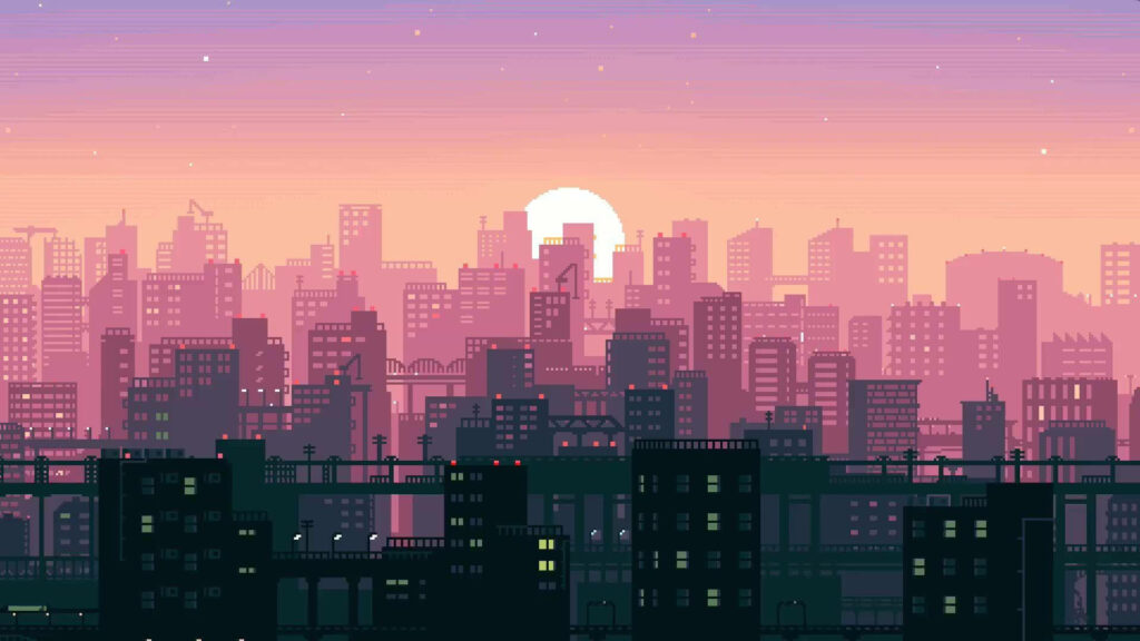 Pixel art city skyline at sunset with pink orange hues nostalgic retro urban wallpaper background