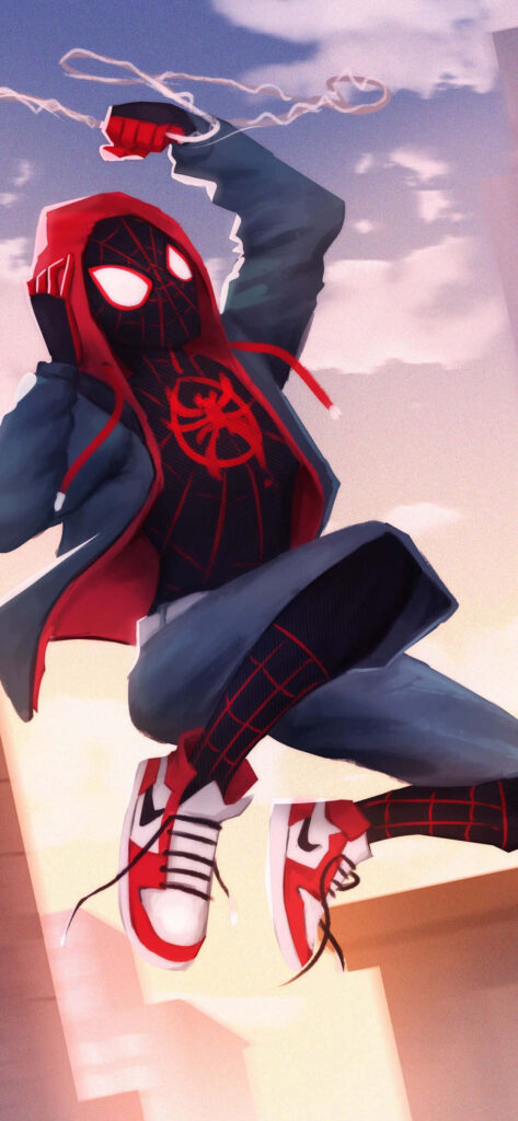 Sunset Marvel: Miles Morales Soaring Through the Sky Wallpaper