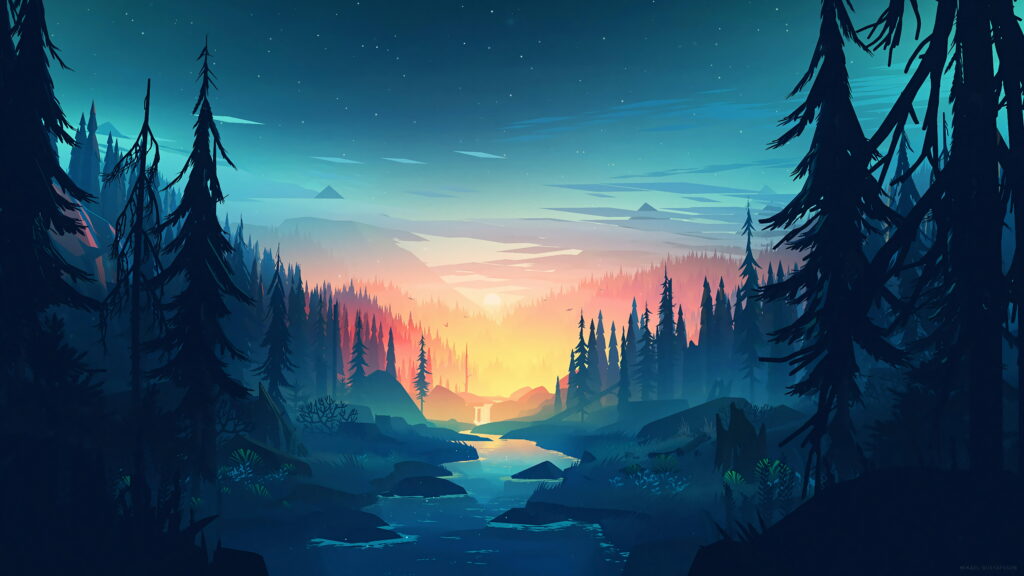 Sky-piercing Vector Forest at Sunset: An Atmosphere of Darkness and Nature - 8K HD Wallpaper Background