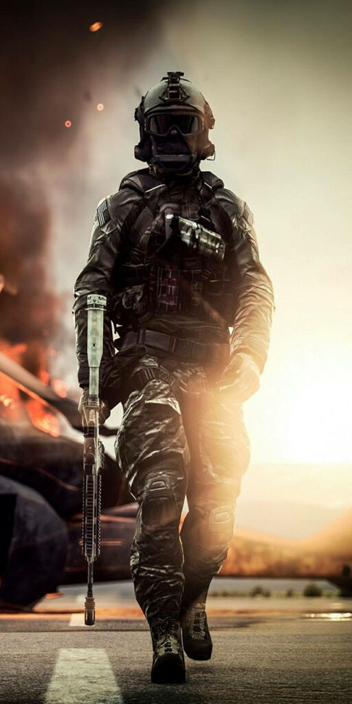 Intense Call of Duty Soldier in Combat Gear with Sniper Rifle and Explosive Background Wallpaper