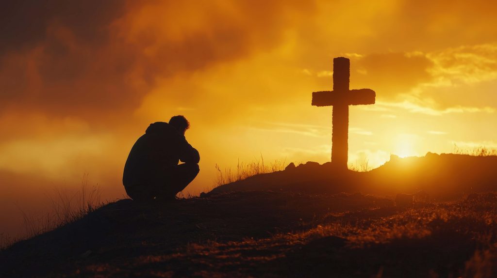 Man kneeling in prayer silhouette at sunset beside Christian cross on hilltop spiritual wallpaper