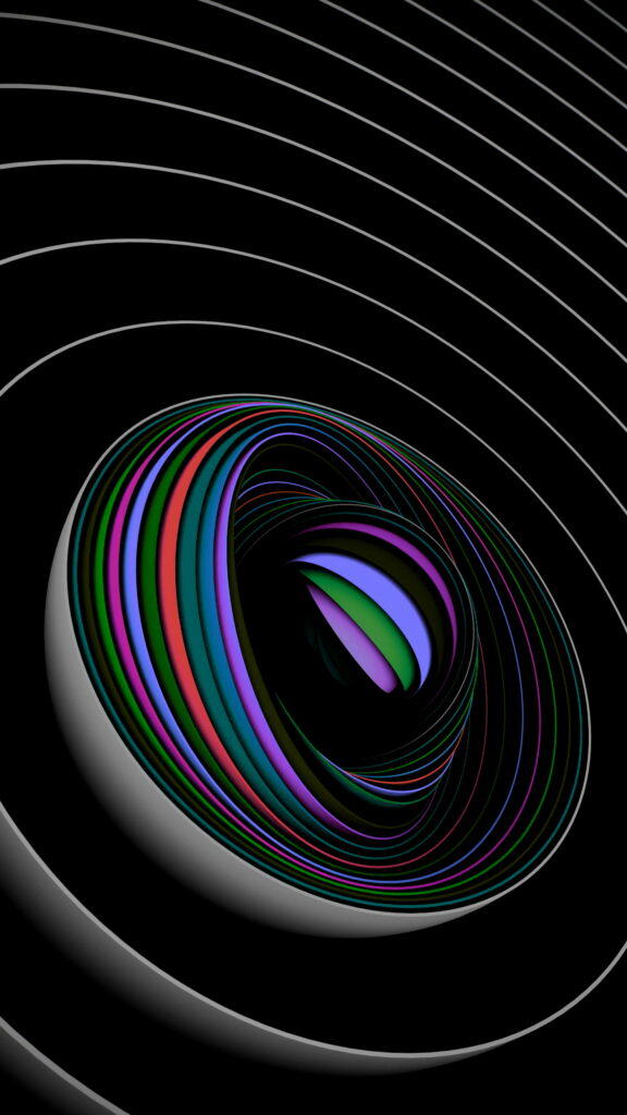 3D abstract multicolored rings spiral into deep tunnel on black AMOLED background wallpaper