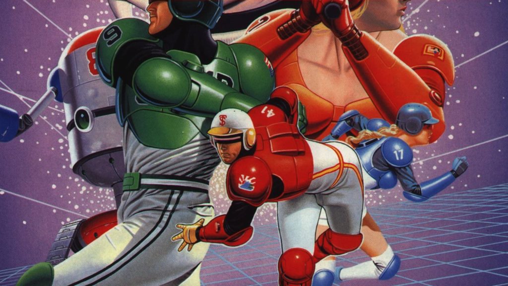 Retro-futuristic Super Baseball 2020 cyborg players in action vibrant purple sci-fi grid wallpaper
