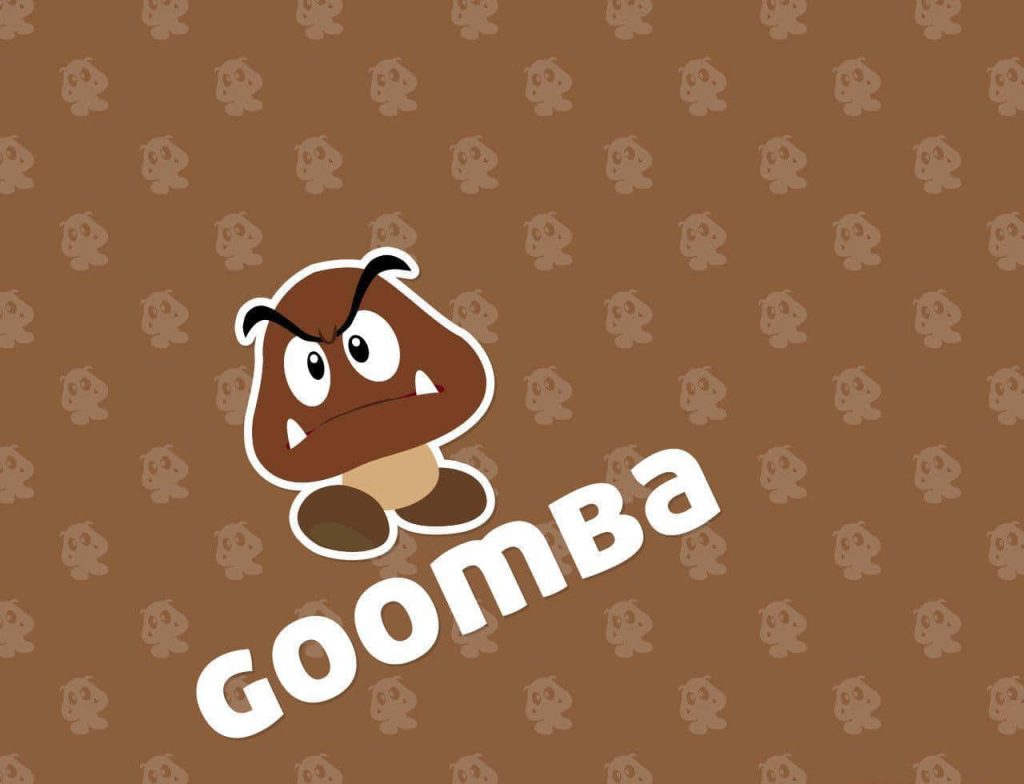Super Mario wallpaper with angry Goomba on brown background and diagonal Goomba text pattern