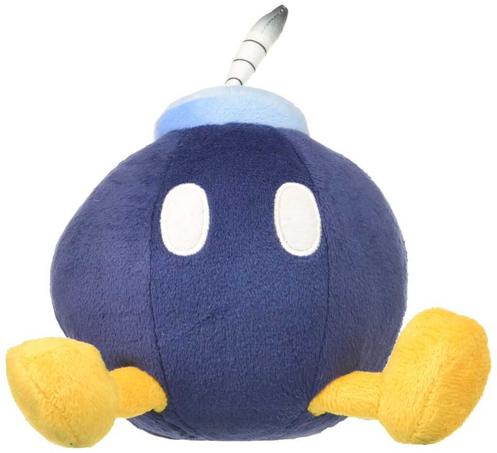 Bob-omb from Super Mario with black round body yellow feet and white fuse on clean wallpaper background