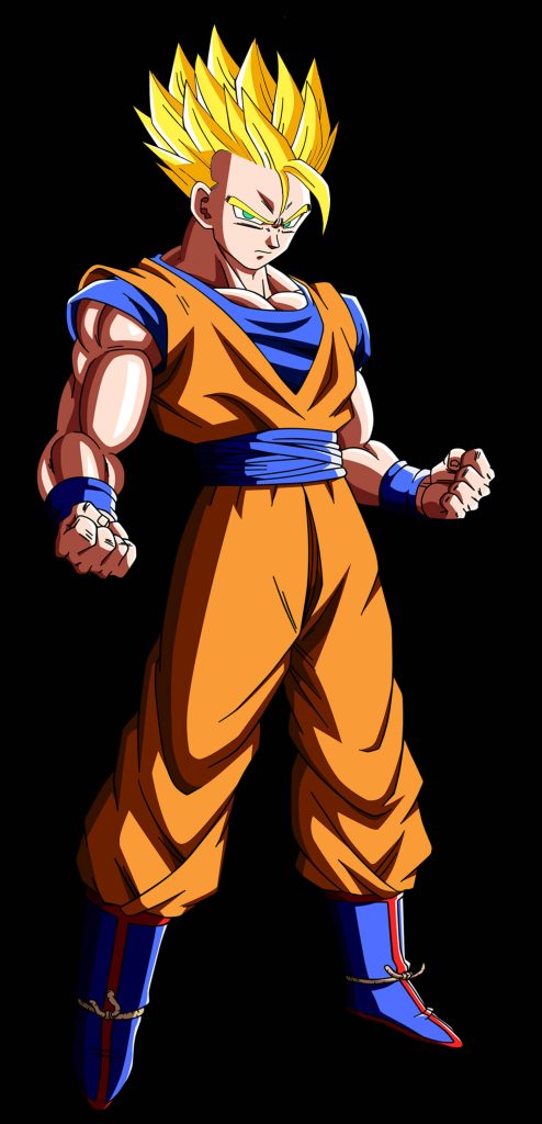 Super Saiyan 2 Gohan anime wallpaper with golden hair and orange gi in intense stance on black background