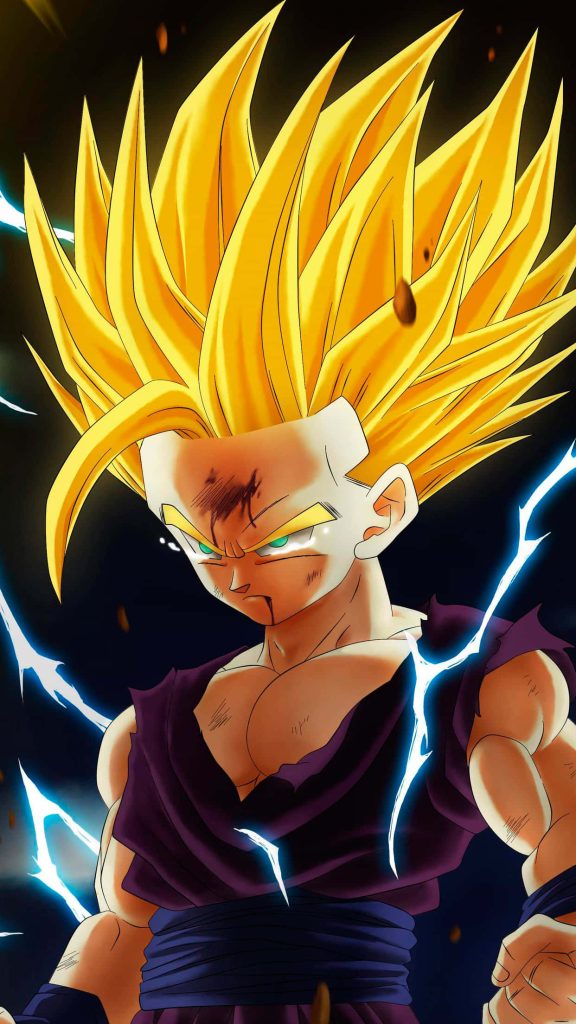 Intense Dragon Ball Z Super Saiyan 2 Gohan with glowing golden hair and battle scars energy Wallpaper
