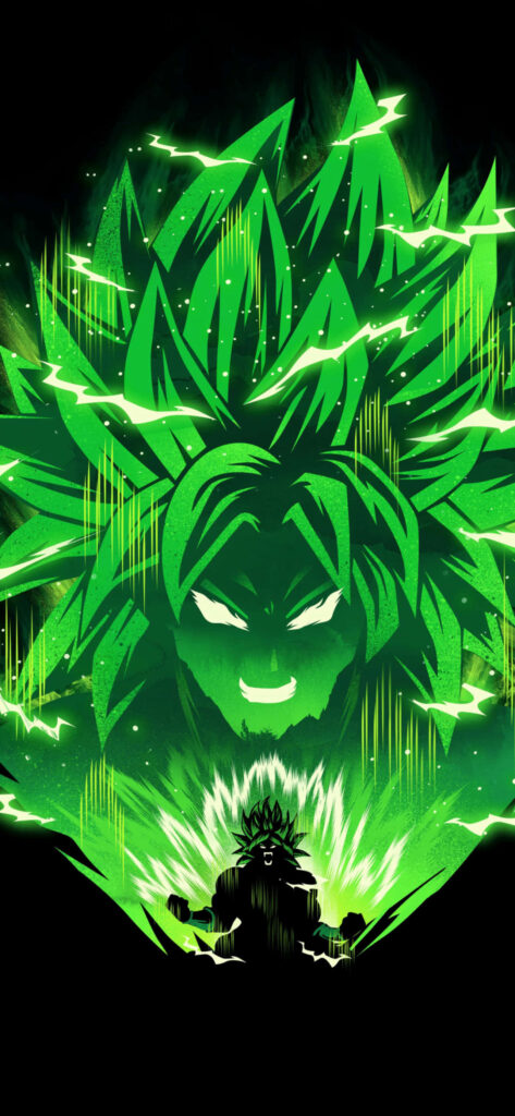 Super Saiyan Broly iPhone wallpaper glowing green energy wild hair intense Dragon Ball background