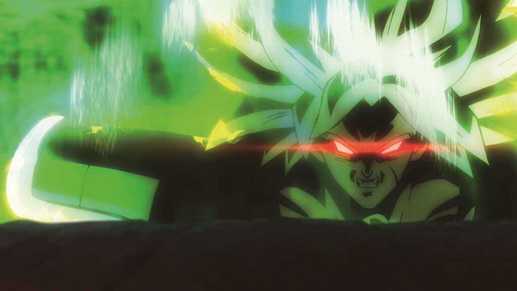 Super Saiyan Broly with glowing red eyes unleashing intense green energy in Dragon Ball wallpaper