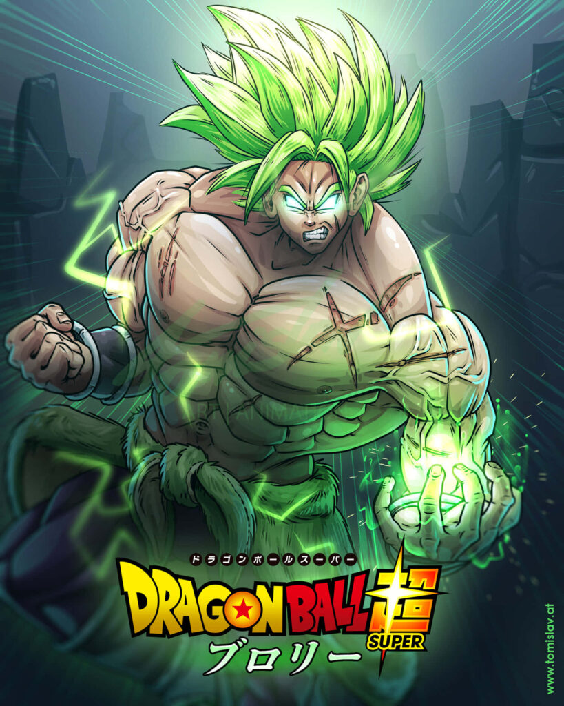 Super Saiyan Broly with glowing green hair unleashing fierce energy in Dragon Ball Super wallpaper