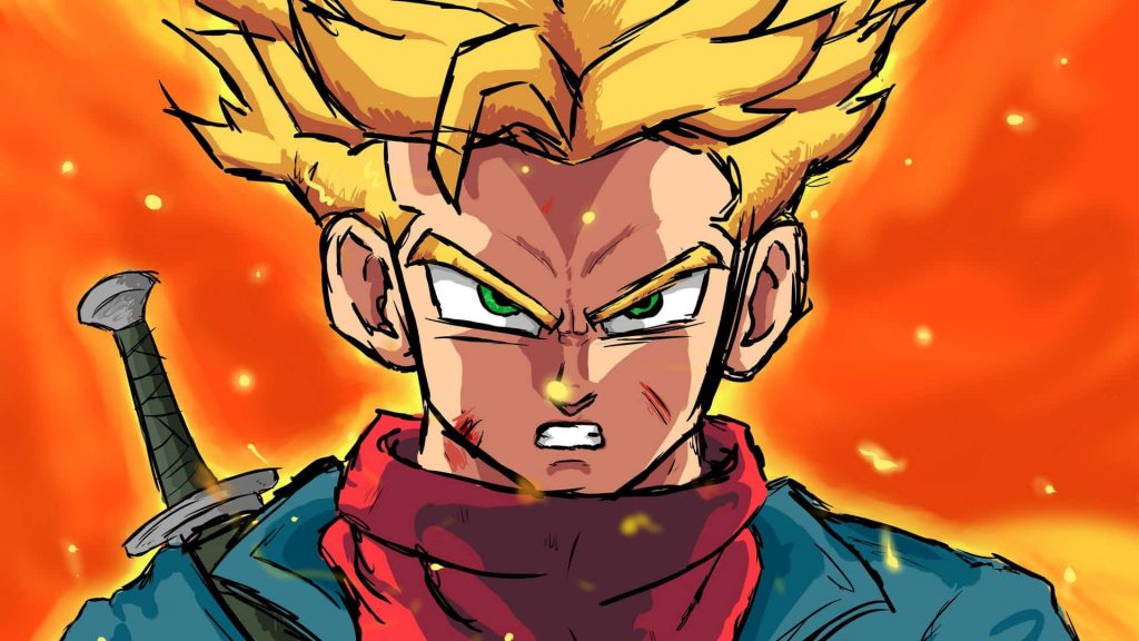Super Saiyan Future Trunks intense digital art with sword fiery orange battle background wallpaper