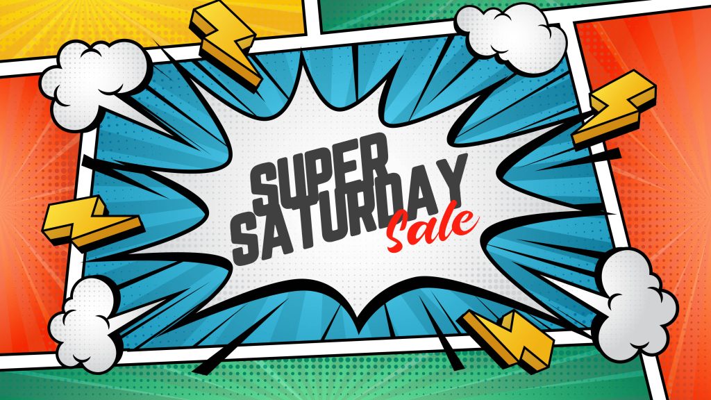 Vibrant pop-art Super Saturday Sale wallpaper with bold comic style lightning bolts and starburst background